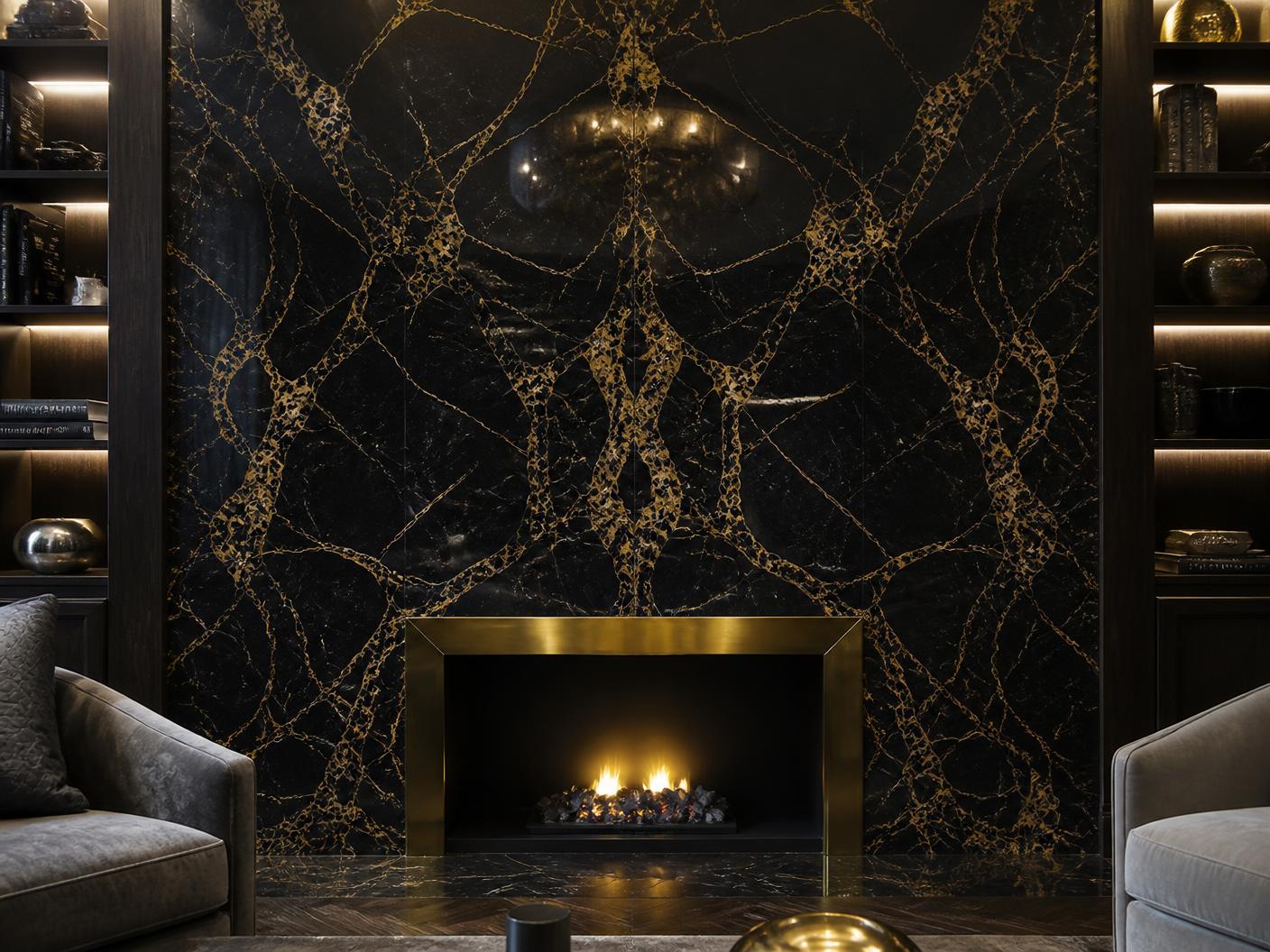 Portoro Bookmatched Fireplace in Portoro Nero Gold